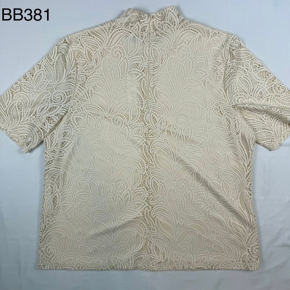 Chico's Lace Knit Cream Top Mock Neck Lined Elbow Tee Grandma Cottage NEW XL - Picture 2 of 12